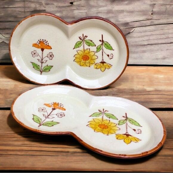 European by Sango Flower Brown Trim Relish Appetizer Double Dish Set - Picture 1 of 15